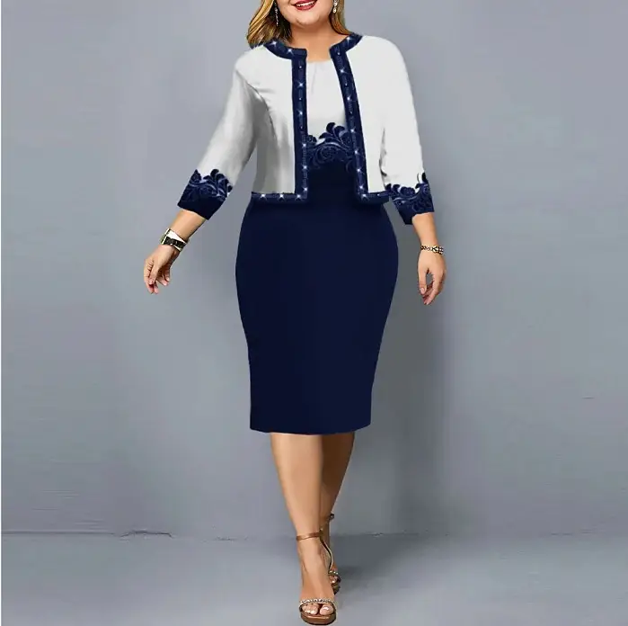 Two-Piece Women's Dress Navy Blue Digital Printed Large