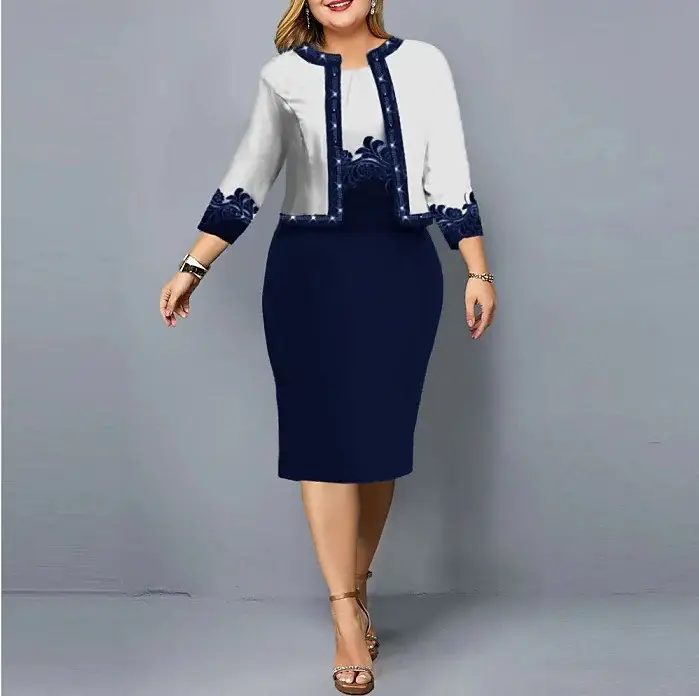 Two-Piece Women's Dress Navy Blue Digital Printed Large