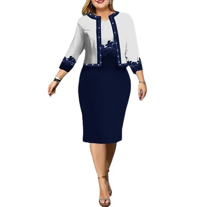 Two-Piece Women's Dress Navy Blue Digital Printed Large
