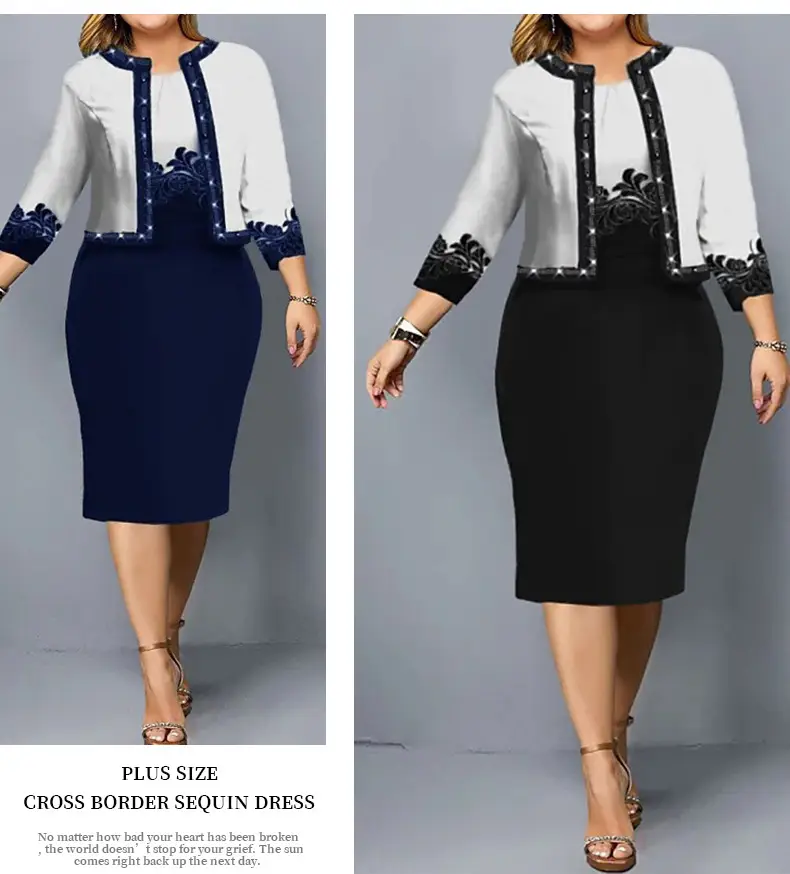 Two-Piece Women's Dress Navy Blue Digital Printed Large — feature 6