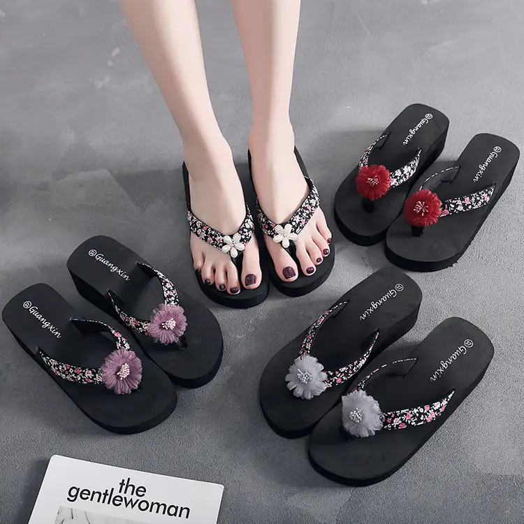 Women's Black Floral Flip-Flops with Red Pom Pom