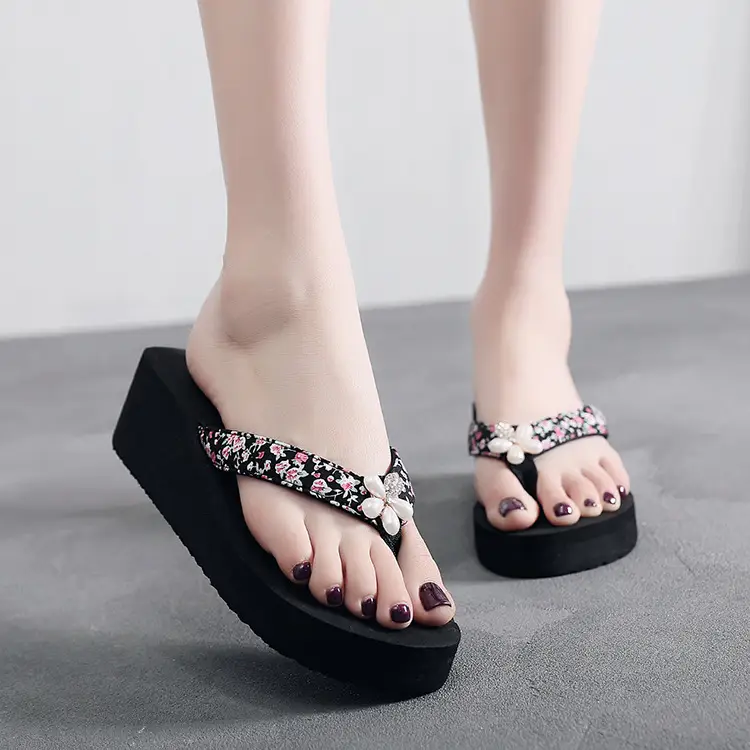 Women's Black Floral Flip-Flops with Red Pom Pom