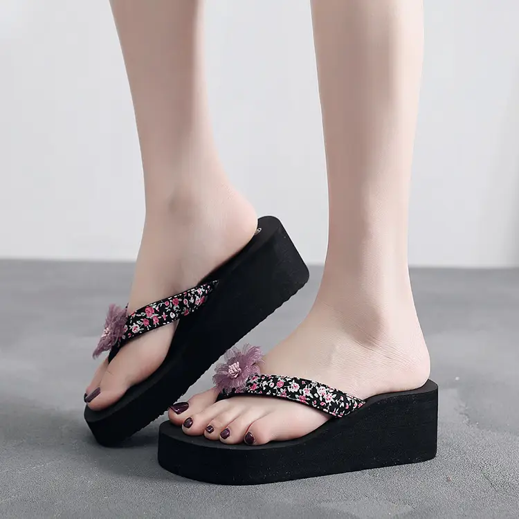 Women's Black Floral Flip-Flops with Red Pom Pom — feature 14