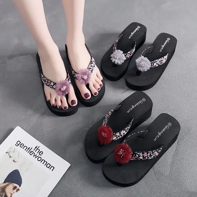 Women's Black Floral Flip-Flops with Red Pom Pom — feature 2