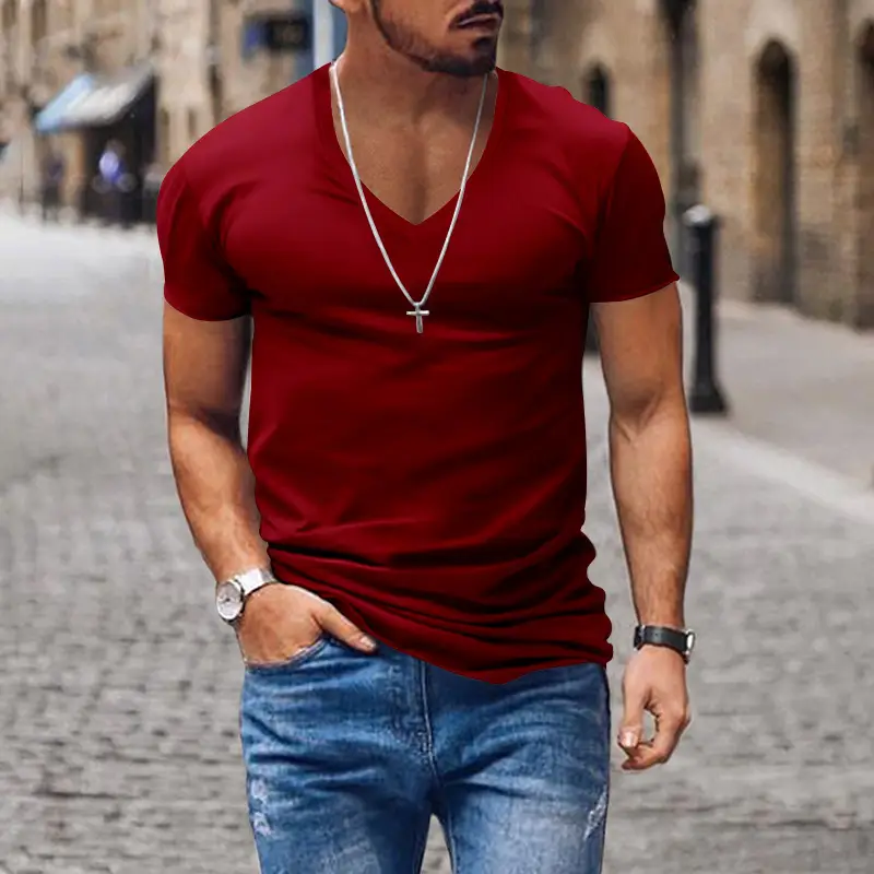 Men V-Neck Solid Color T-Shirt Plus Size - Image 3