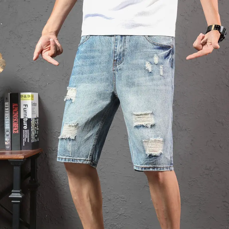 Men Ripped Denim Shorts Mid-Length Summer Wear - Image 5