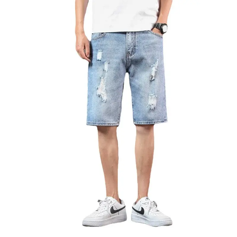 Men Ripped Denim Shorts Mid-Length Summer Wear - Image 7