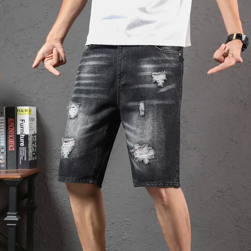Men Ripped Denim Shorts Mid-Length Summer Wear - Image 3
