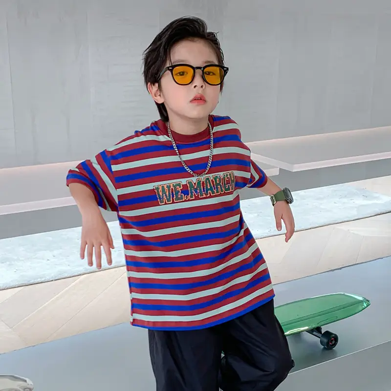 Kids Striped T-Shirt Summer 2025 Boys Mid-Sleeved Top - Image 2