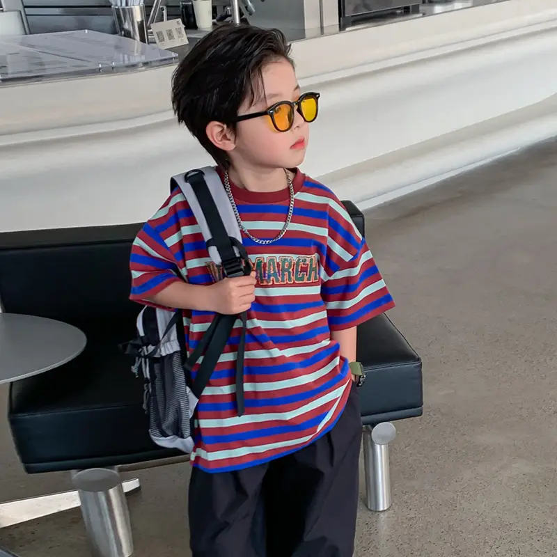 Kids Striped T-Shirt Summer 2025 Boys Mid-Sleeved Top - Image 3