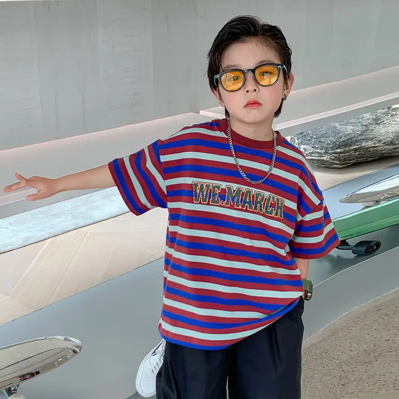 Kids Striped T-Shirt Summer 2025 Boys Mid-Sleeved Top - Image 4