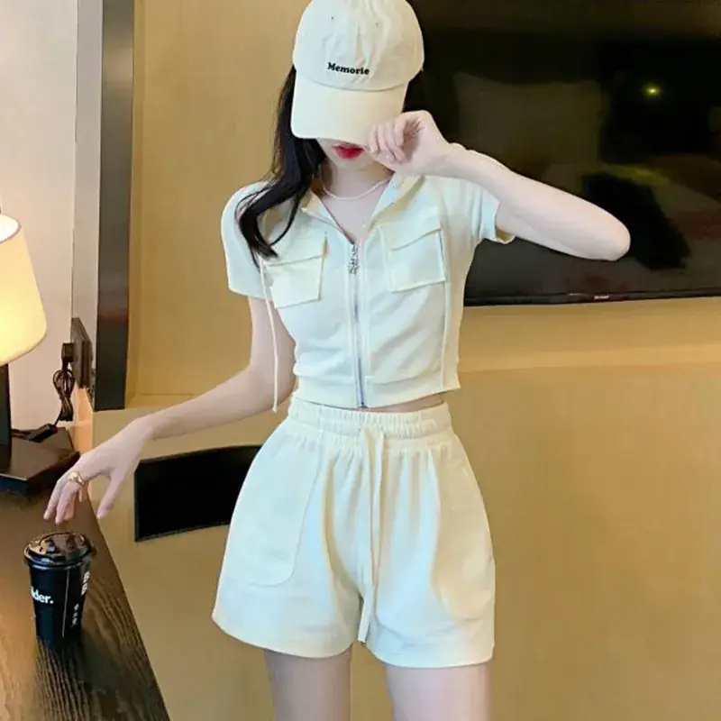 Women 2-Piece Zipper Hooded Shorts Suit Cream Summer - Image 4