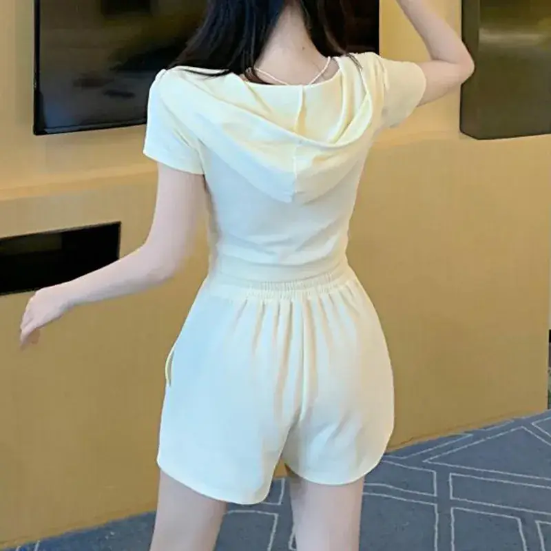 Women 2-Piece Zipper Hooded Shorts Suit Cream Summer - Image 5