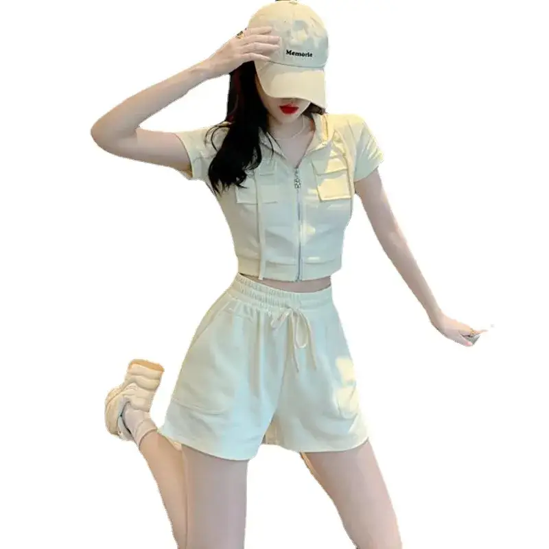 Women 2-Piece Zipper Hooded Shorts Suit Cream Summer - Image 6