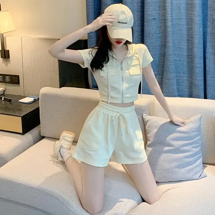 Women 2-Piece Zipper Hooded Shorts Suit Cream Summer — feature 35
