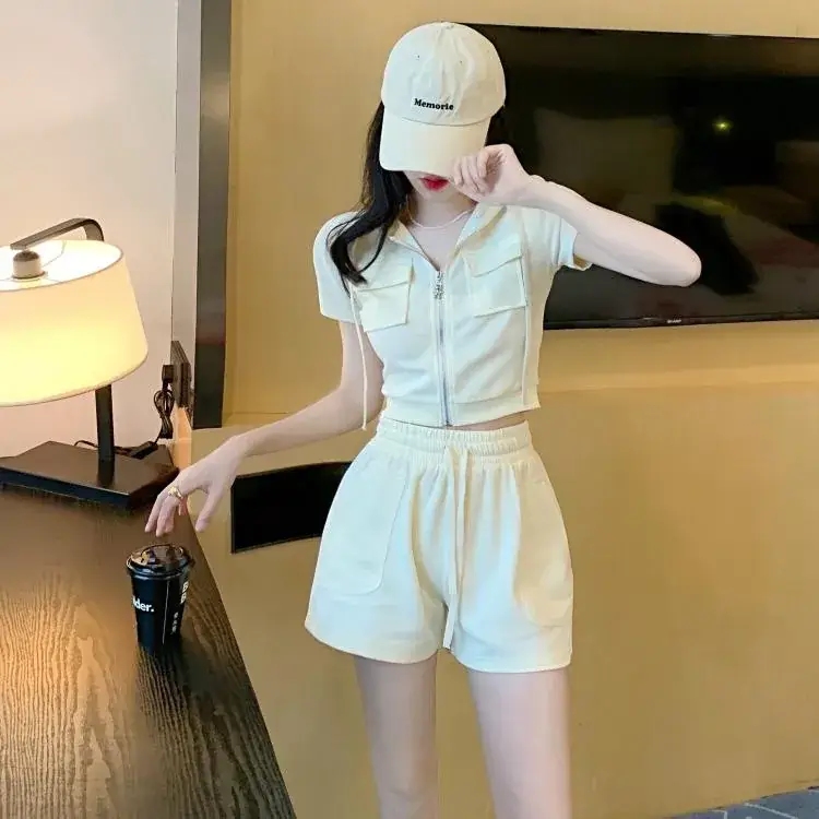 Women 2-Piece Zipper Hooded Shorts Suit Cream Summer — feature 36