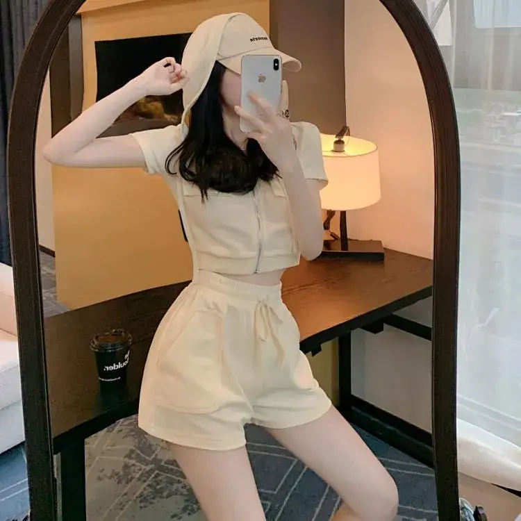 Women 2-Piece Zipper Hooded Shorts Suit Cream Summer — feature 37