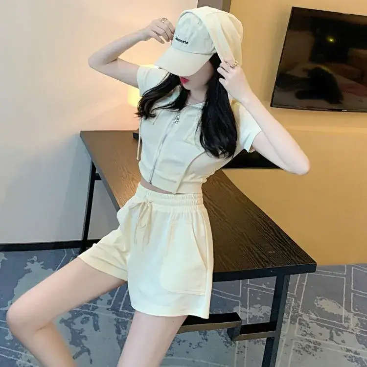 Women 2-Piece Zipper Hooded Shorts Suit Cream Summer — feature 38