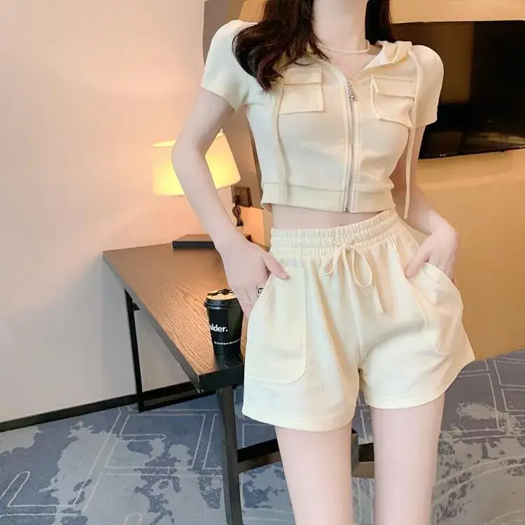 Women 2-Piece Zipper Hooded Shorts Suit Cream Summer — feature 39