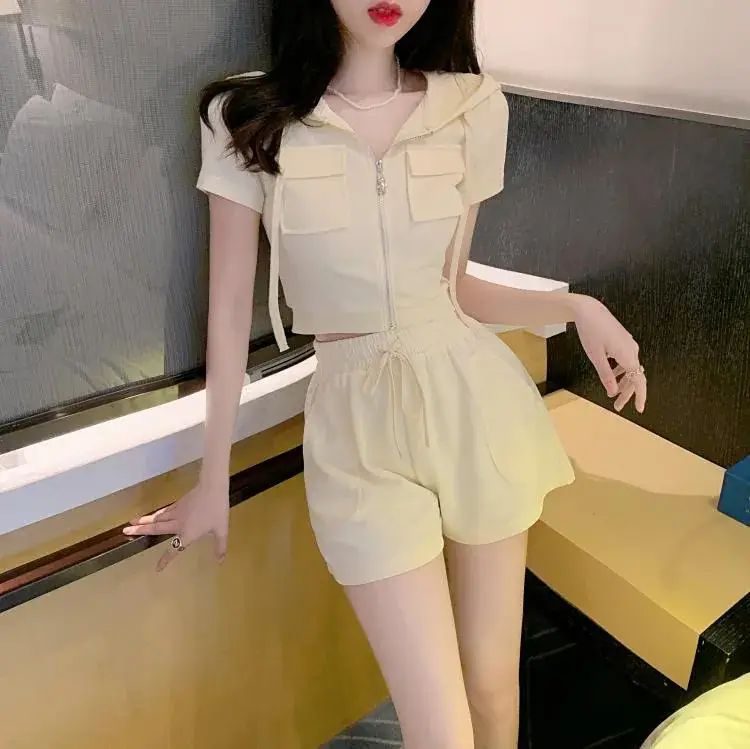 Women 2-Piece Zipper Hooded Shorts Suit Cream Summer — feature 40