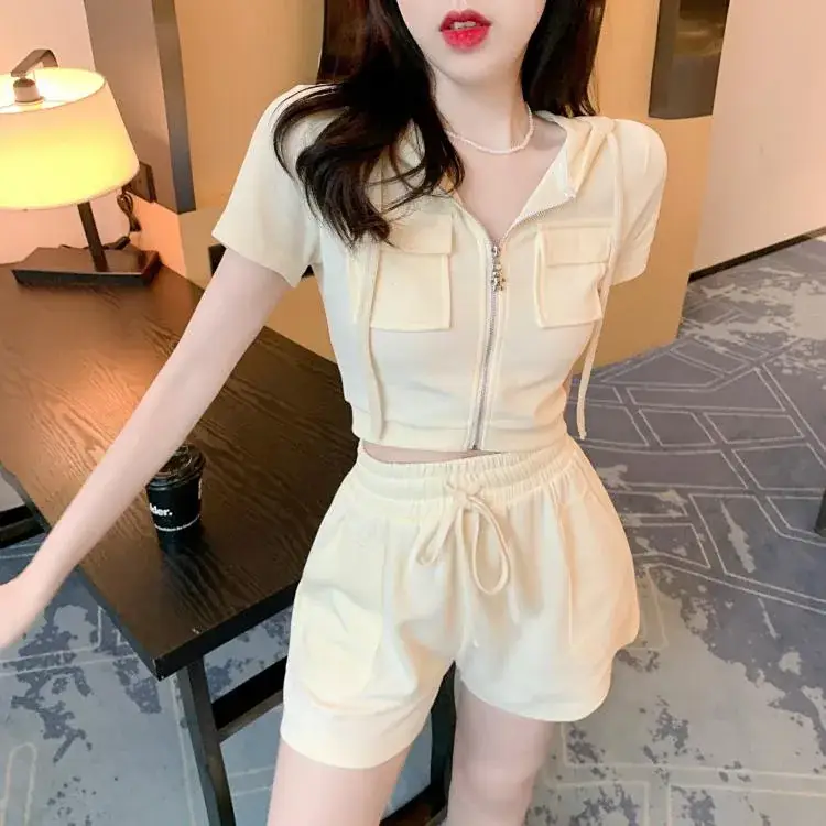 Women 2-Piece Zipper Hooded Shorts Suit Cream Summer — feature 41