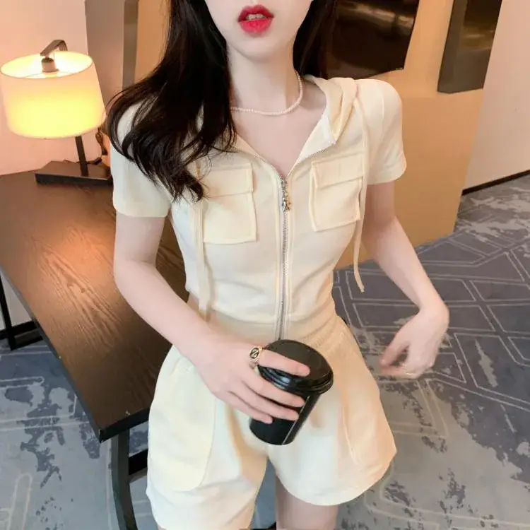 Women 2-Piece Zipper Hooded Shorts Suit Cream Summer — feature 42