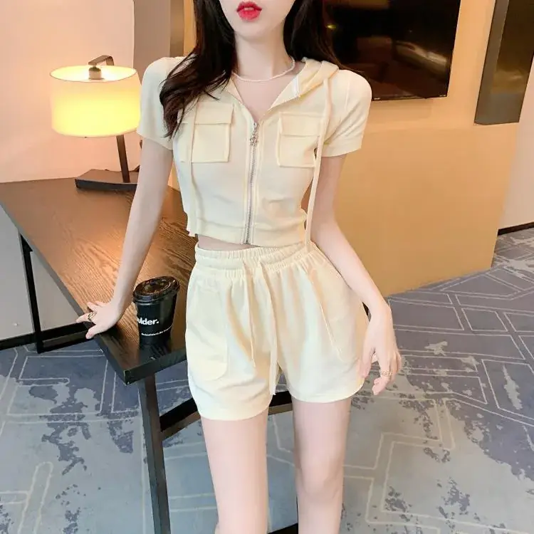 Women 2-Piece Zipper Hooded Shorts Suit Cream Summer — feature 43