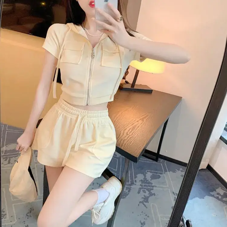 Women 2-Piece Zipper Hooded Shorts Suit Cream Summer — feature 44