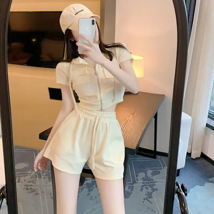 Women 2-Piece Zipper Hooded Shorts Suit Cream Summer — feature 45