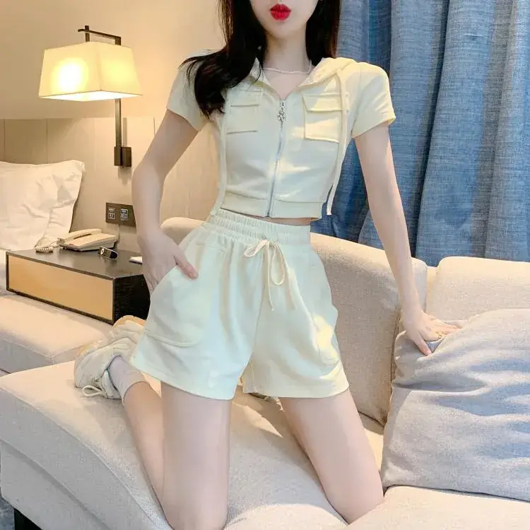 Women 2-Piece Zipper Hooded Shorts Suit Cream Summer — feature 46