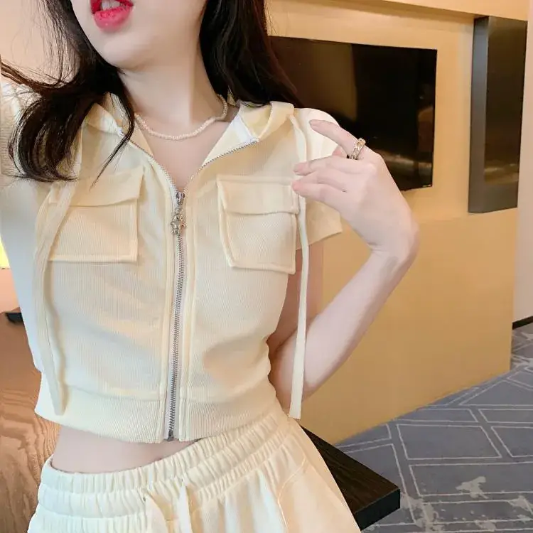 Women 2-Piece Zipper Hooded Shorts Suit Cream Summer — feature 47