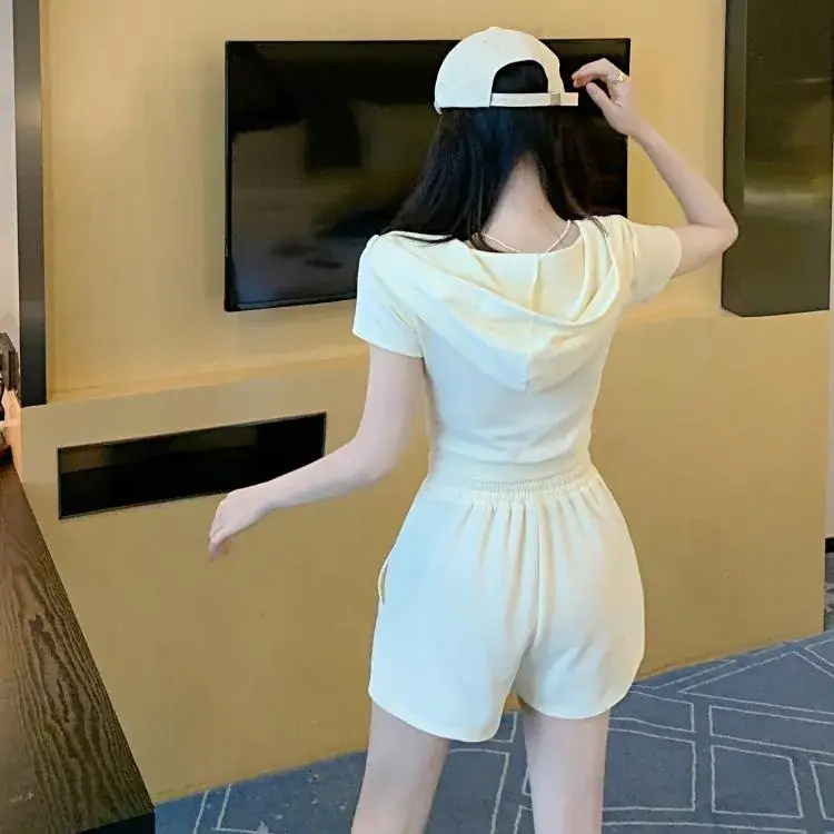 Women 2-Piece Zipper Hooded Shorts Suit Cream Summer — feature 48