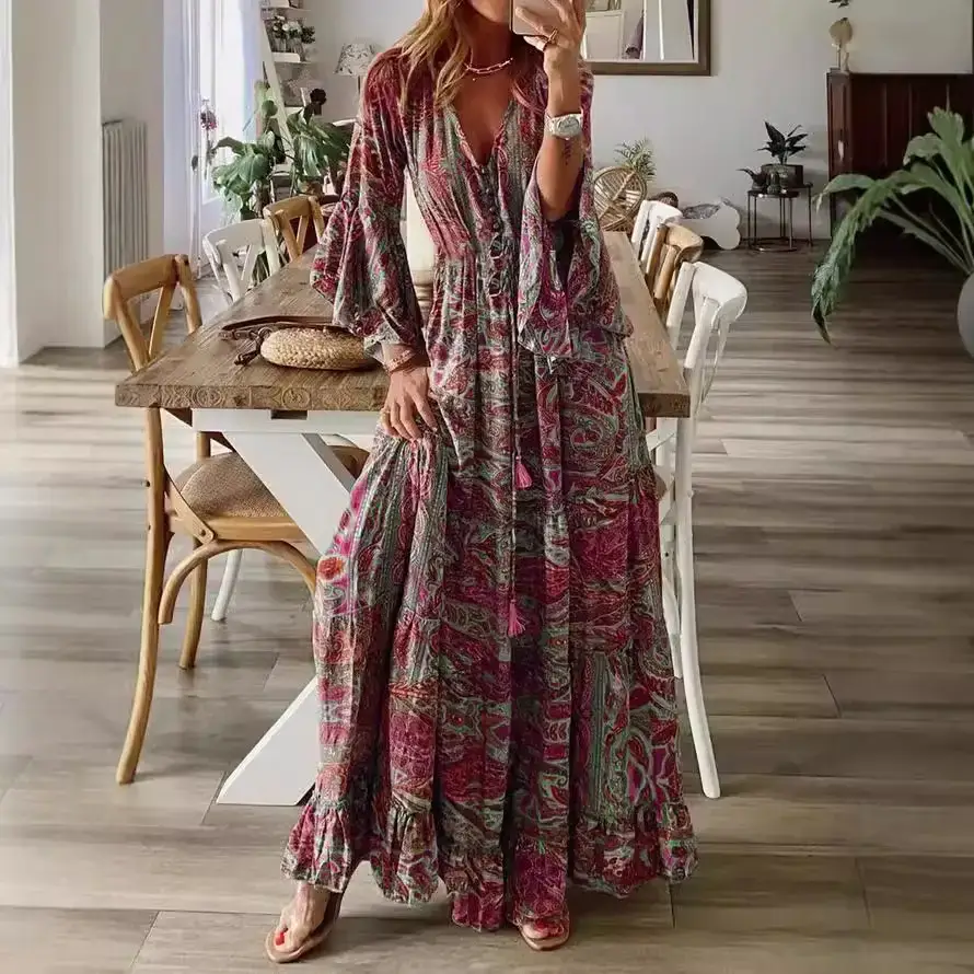 Women Bell Sleeve Printed V-Neck Long Dress Purple