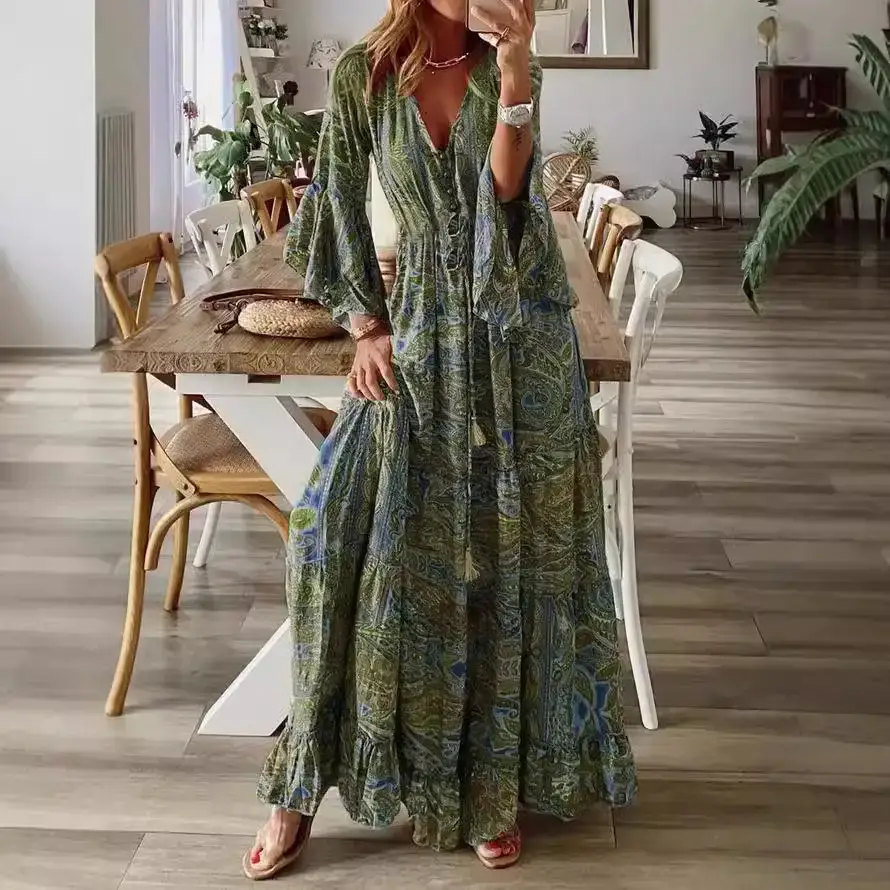 Women Bell Sleeve Printed V-Neck Long Dress Purple