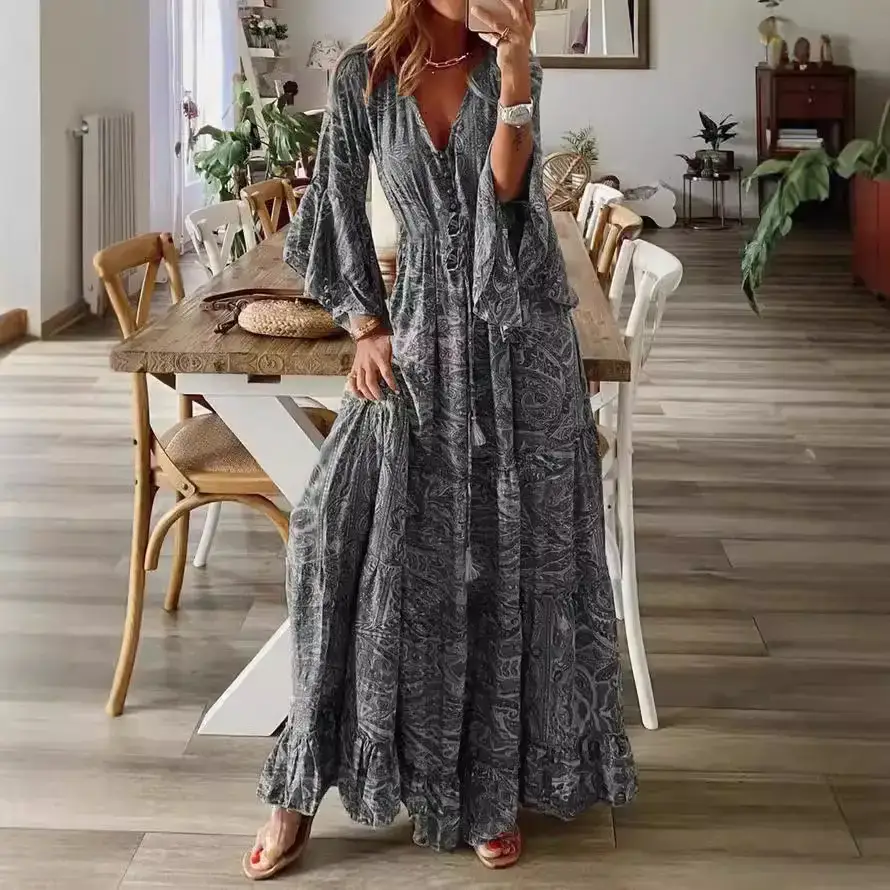 Women Bell Sleeve Printed V-Neck Long Dress Purple