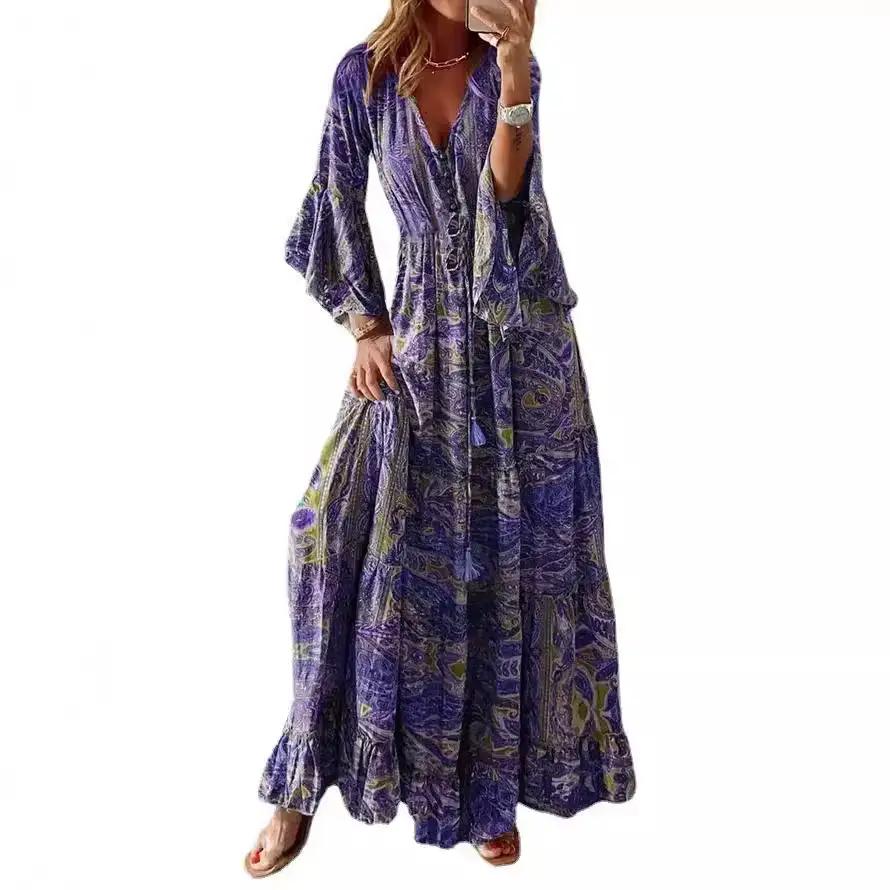 Women Bell Sleeve Printed V-Neck Long Dress Purple