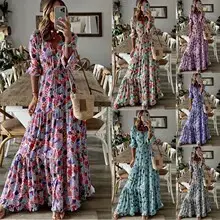 Women Bell Sleeve Printed V-Neck Long Dress Purple — feature 1