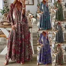 Women Bell Sleeve Printed V-Neck Long Dress Purple — feature 11