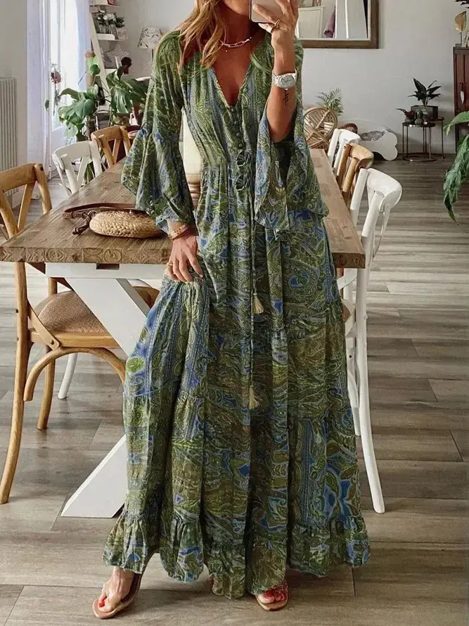 Women Bell Sleeve Printed V-Neck Long Dress Purple