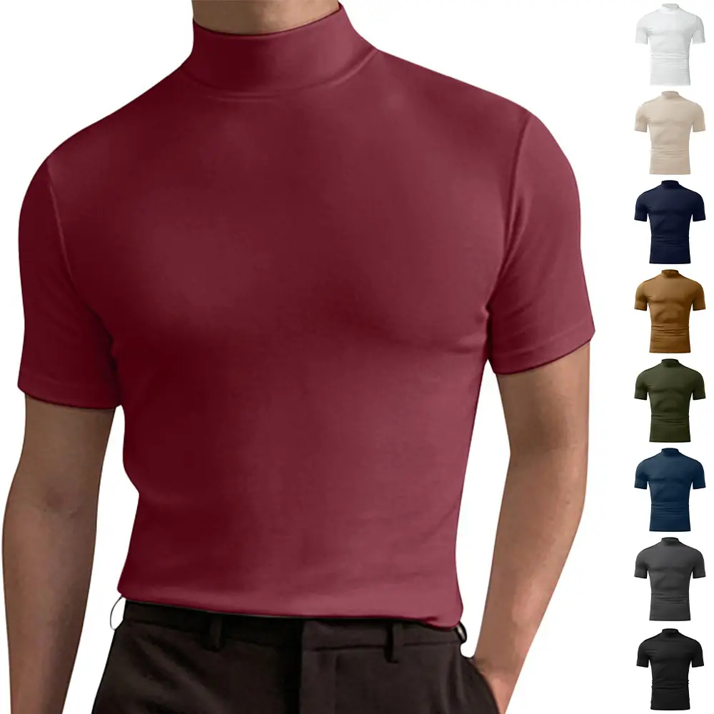 Men's Brown Cotton Short Sleeve High Collar T-Shirt - Image 8