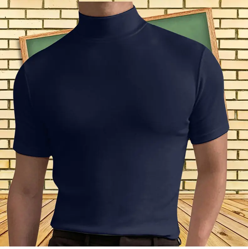 Men's Brown Cotton Short Sleeve High Collar T-Shirt — feature 4