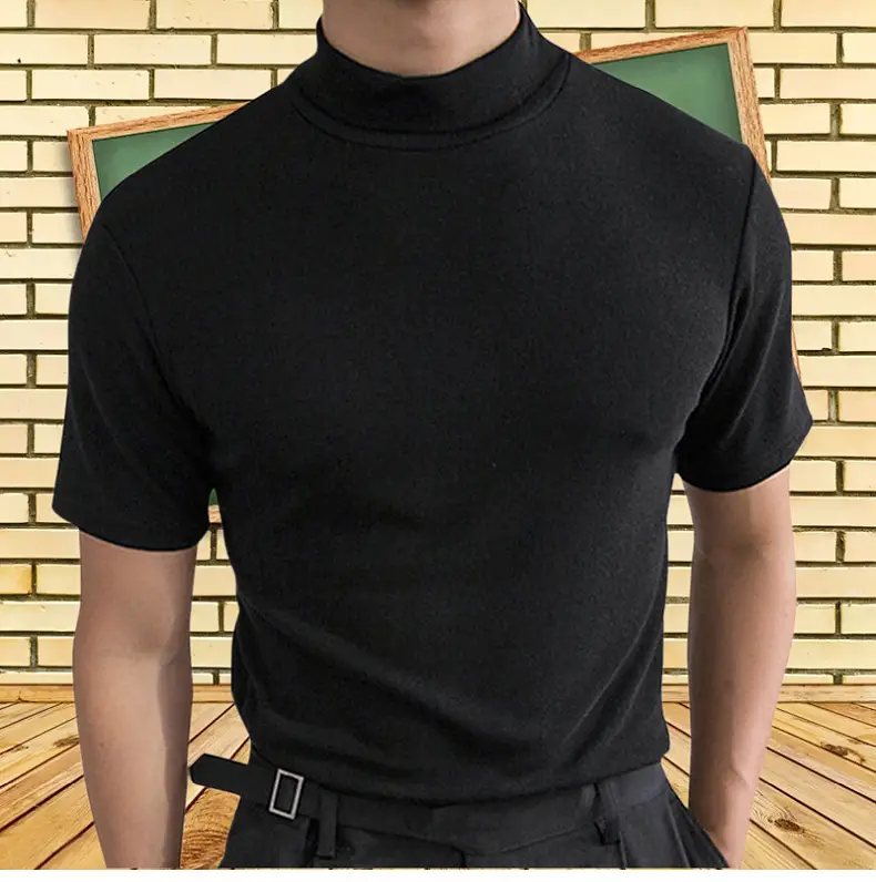 Men's Brown Cotton Short Sleeve High Collar T-Shirt — feature 5