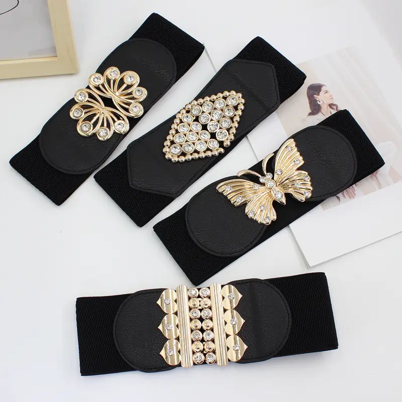 Black Gold Embellished Wide Belt for Women