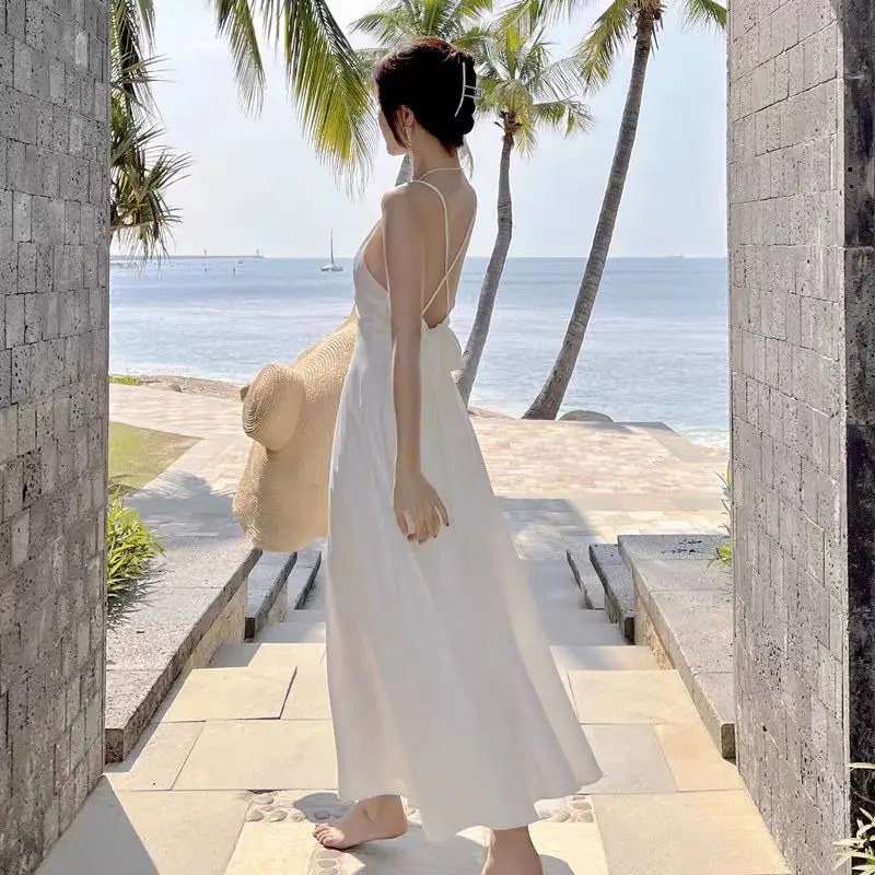 White Elegant V-Neck Streamer Dress with Sling Strap - Image 2
