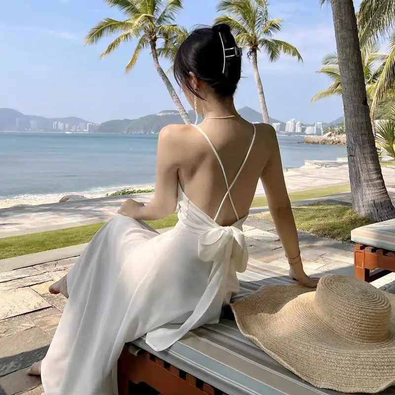 White Elegant V-Neck Streamer Dress with Sling Strap - Image 3