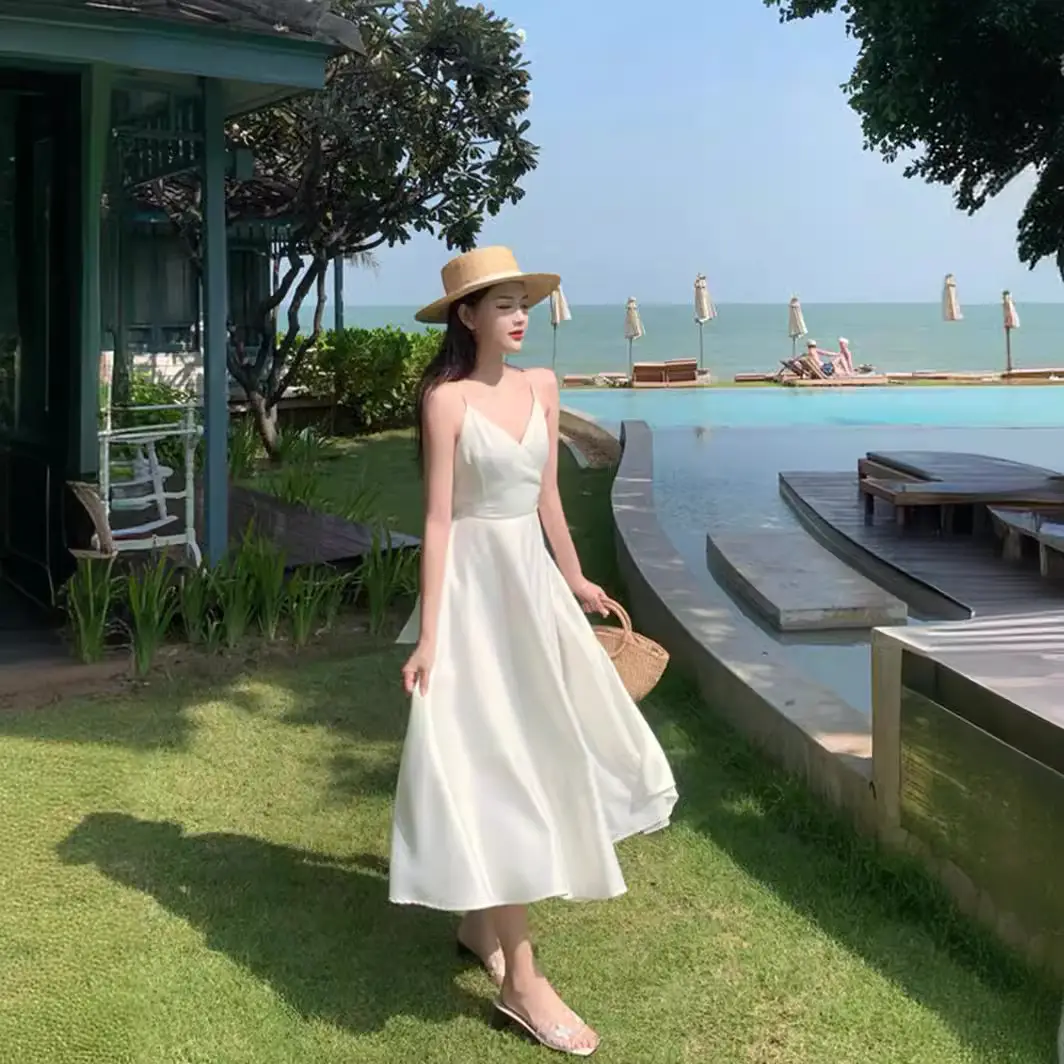 White Elegant V-Neck Streamer Dress with Sling Strap - Image 5