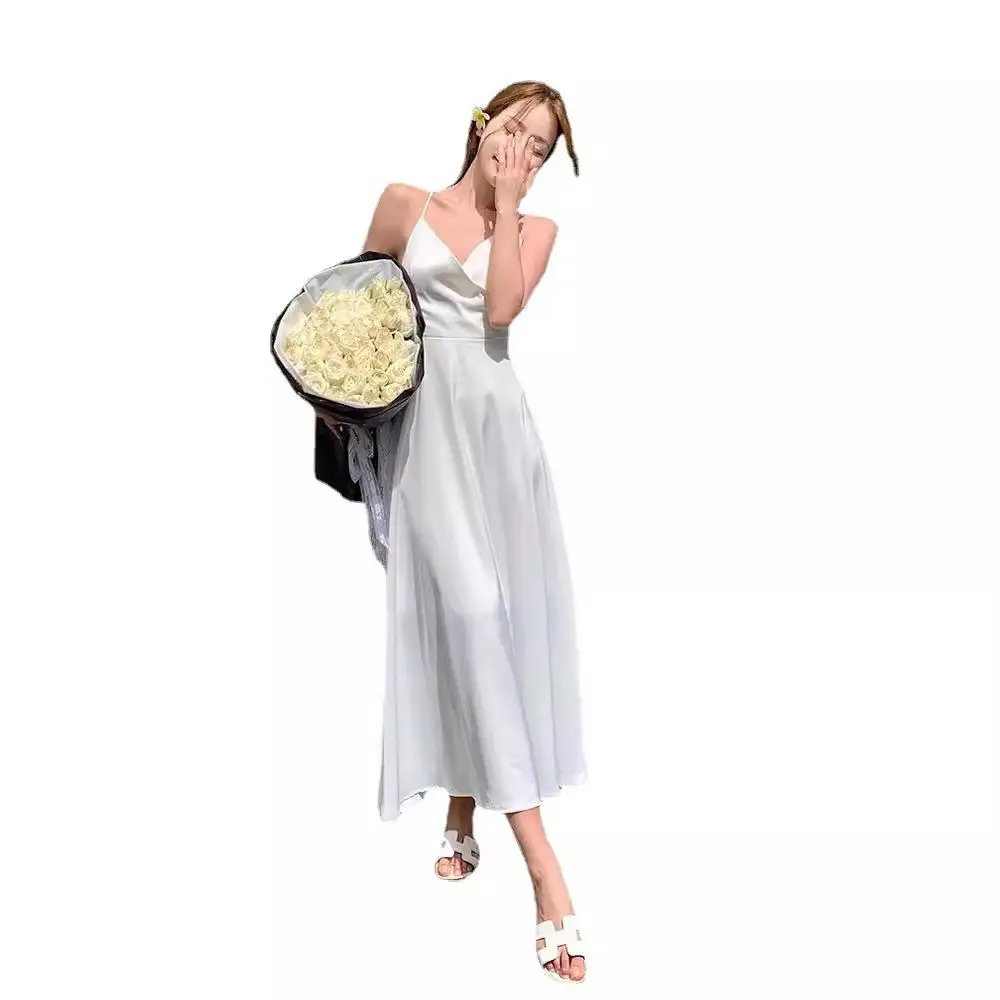 White Elegant V-Neck Streamer Dress with Sling Strap - Image 6