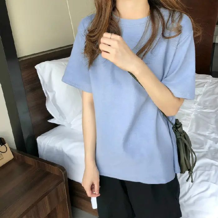 Women Loose Cotton T-Shirt Light Blue Spring - Image 3