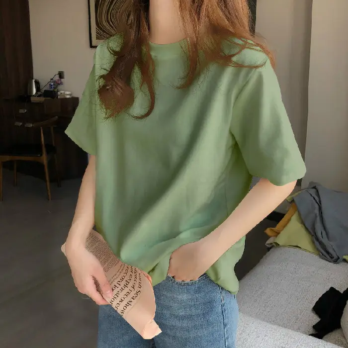 Women Loose Cotton T-Shirt Light Blue Spring - Image 6