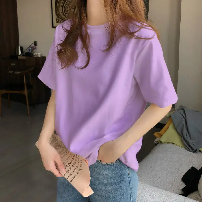 Women Loose Cotton T-Shirt Light Blue Spring - Image 9